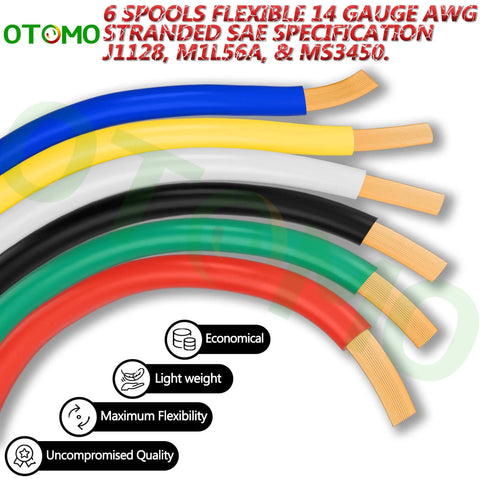 Color Coded 14 Gauge CCA Automotive Primary Wire Set, 6 Rolls Of 100Ft Each, Total 600Ft, White Black Yellow Green Blue Red PVC Jacket