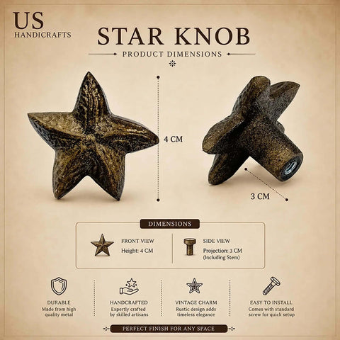 Star Shaped Antique Brass Cabinet Knob Drawer Pulls 2 Pack For Rustic Kitchen Cabinets And Dressers, Old West Farmhouse Vibe
