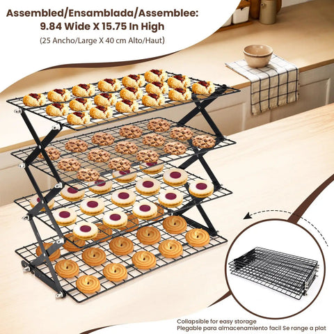 Game-Changing 4-Tier Collapsible Cooling Rack for Baking loaded with various pastries in a kitchen setting.