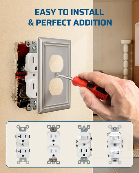 4 Pack Duplex Wall Plates, Durable Metal Outlet Covers For Receptacles And Light Switches, Brushed Nickel Finish installation