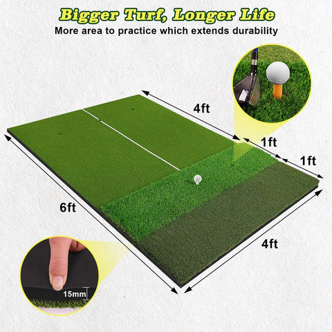 6x4 Ft Extra Large Golf Hitting Mat With Triple Turf Design, 50mm 55mm 31mm Thick, Non Slip Foam Base, Dense Artificial Grass