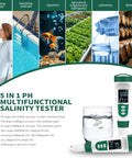 5 In 1 Digital PH Meter With Voice Function For Pools Spas Aquariums Hydroponics Tests PH TDS EC Temperature And Salt Waterproof Rechargeable Pen Water Quality Tester On The Go with glass of water and agricultural settings in background