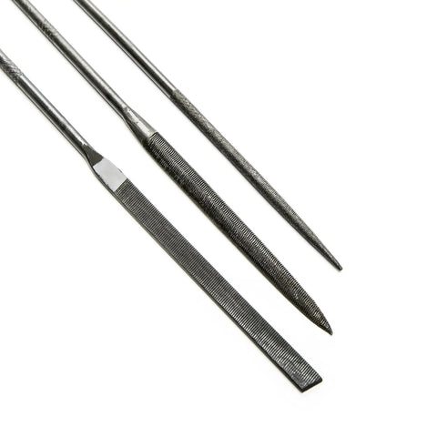 Detail view of 6 Piece Miniature File Set With Assorted Shapes For Detail Work, showing double cut teeth and knurled handles, Swiss pattern files.