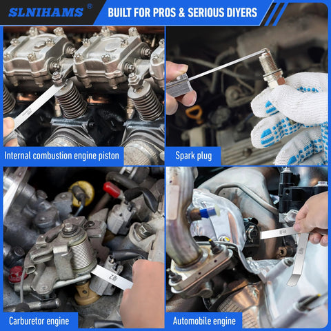 SLNIHAMS stainless steel feeler gauge set with SAE/metric blades for valves and spark plugs, shown on engine components