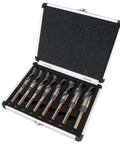 Front view: eight-piece drill bit set in aluminum carry case; 9/16 to 1 in HSS bits