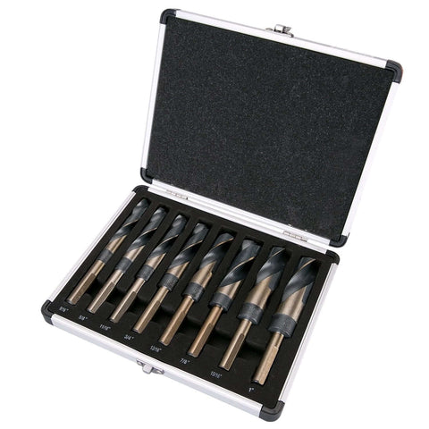 Front view: eight-piece drill bit set in aluminum carry case; 9/16 to 1 in HSS bits