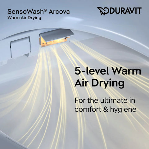 Top Shelf Slim Bidet Toilet Seat For Elongated Bowls With Instant Warm Water Jets Heated Seat, showing 5-level warm air drying feature.