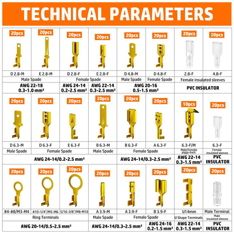 Chart showing technical parameters of terminals in Pro Grade Open Barrel Crimping Tool Kit For Car Audio And Auto Wiring