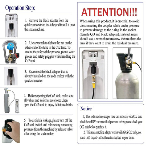 Adapter Hose For Soda Maker To Direct Large CO2 Tank instruction manual and installation steps, safety tips included.