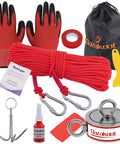 Double Sided 1320Lbs Neodymium Fishing Magnet Kit With 100 Ft Rope Includes Gloves Thread Locker Grappling Hook Carrying Bag And Locking Carabiners For Treasure Hunting And Metal Detecting