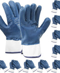 Pro Grade Nitrile Work Gloves Built Tough 10 Pack Blue Heavy Duty Oil And Chemical Resistant Safety Gear showing pair and multiple views.