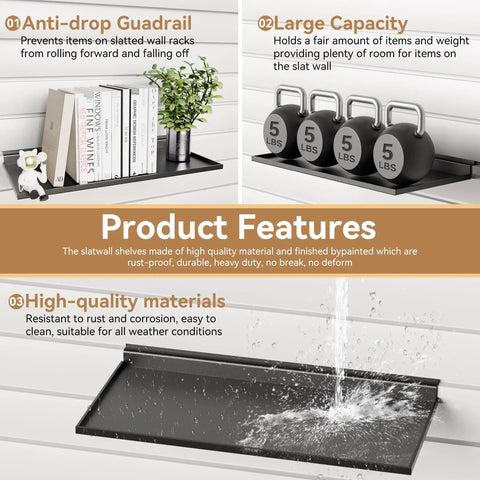 Product features of 2 Pack Slatwall Shelves 17 By 8 Inch Large Heavy Duty Black Metal Wall Shelves for slatwall panels