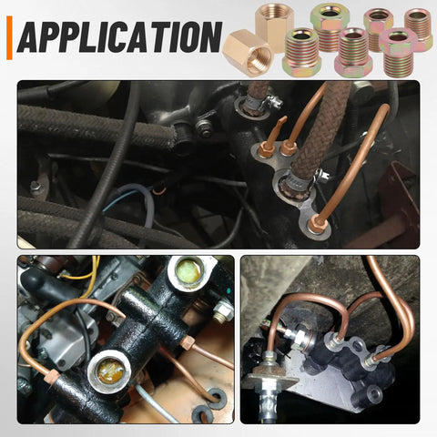 Brake Line Fittings Kit, 100 Piece Value Pack For Three Sixteenths And One Quarter Inch Lines, in application with copper tubes