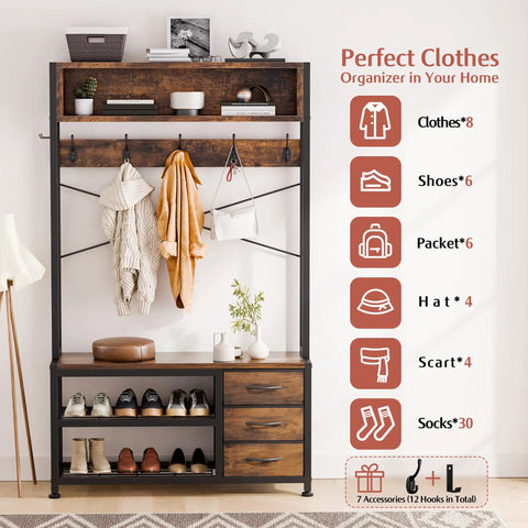 Front view of Rustic Brown Hall Tree With Bench And Shoe Storage Freestanding Coat Rack With Two Tier Shelf Six In One Entryway Organizer Featuring 12 Hooks 3 Drawers And Holds 200 Lb For Shoes And Coats Front Door Space Saver Clutter Free Entrance.