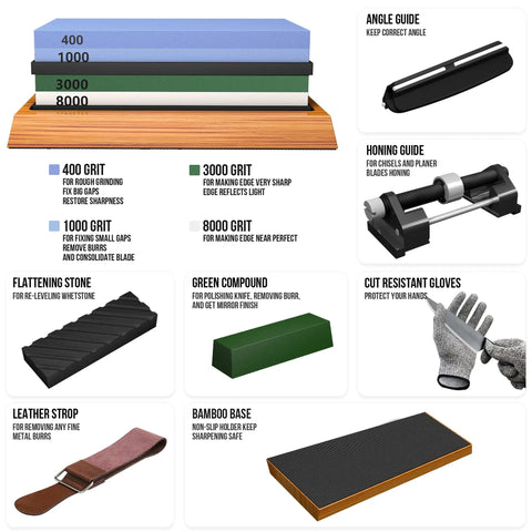Knife Sharpening Stone Set Pro Grade Four Sided Whetstone 400 1000 3000 8000 Sharpener Kit With Non Slip Bamboo Base Cut Resistant Gloves