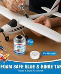 Foam RC Plane Repair Kit With 4 Oz Foam Glue And Hinge Tape Roll shown repairing model aircraft