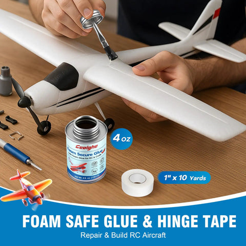 Foam RC Plane Repair Kit With 4 Oz Foam Glue And Hinge Tape Roll shown repairing model aircraft