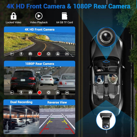 Wireless CarPlay Screen With 4K Dash Cam And 10.26 Inch Portable Touchscreen For Cars Android Auto And CarPlay Ready 1080p Backup Camera Mirror Link Voice Control Music Playback GPS Navigation showing 4K front and 1080p rear camera views, featuring dual recording and reverse view capabilities.