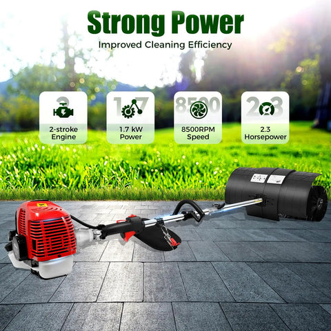 Gas Powered Handheld Sweeper For Driveways And Lawns, 2.3HP 52cc Outdoor Broom With Air Filter, Manual Puller, And High Density Nylon Brush, Wide 20 Inch Sweep For Snow, Leaves, Debris On Turf, Street, And Artificial Grass, shown on paved driveway