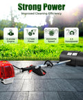Tough 52cc Gas Powered Handheld Sweeper With Cushioned Grip And Widened 20 Inch Nylon Brush displayed on pavement, showcasing 2-stroke engine features.