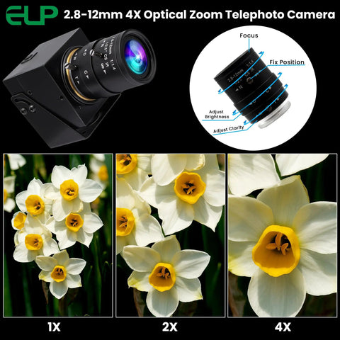 ELP 2.8-12mm 4X optical zoom telephoto camera displaying lens adjustments and flower zoom comparison at 1X, 2X, 4X magnification