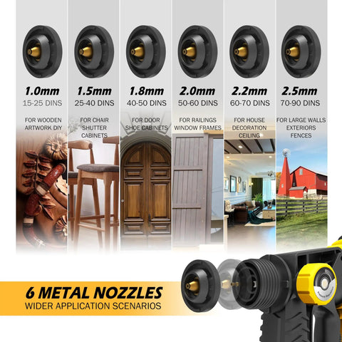 Top Tier 1000W HVLP Electric Paint Sprayer With Beast Mode Motor And Six Interchangeable Nozzles showing six nozzle sizes.