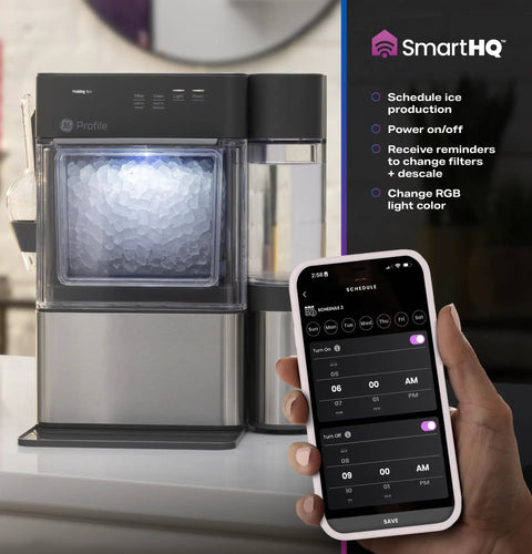 No Cap Portable Nugget Ice Maker Countertop Machine Produces Chewy Pebble Ice showing ice and smartphone app control.