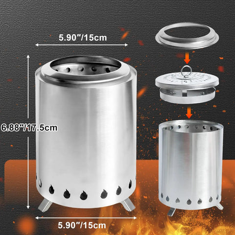 Diagram of Pellet Tabletop Fire Pit 7 Inch Mini Outdoor Fire Pit with dimensions and removable ash pan