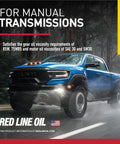 Blue truck on wet road promoting MT-85 Manual Transmission Gear Oil 75W-85 GL-4 1 Quart for Quicker Shifts and Superior Gear Protection
