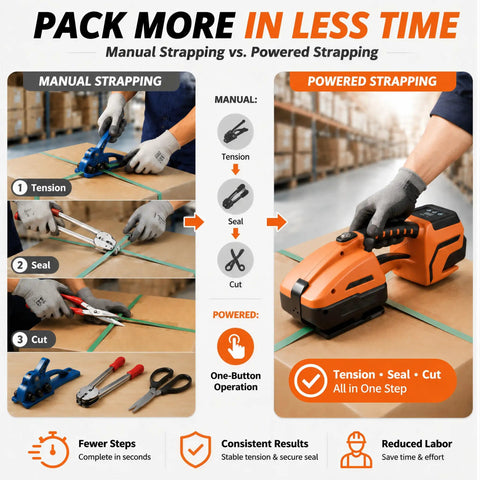 Heavy Duty Workhorse Electric Strapping Machine For Pallet Wrapping showing manual vs powered strapping techniques and tools.