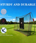 10x7ft Golf Net With Target Cloth And Dual Turf Mats set up on a grassy field, showing tear-resistant netting and target cloth features.