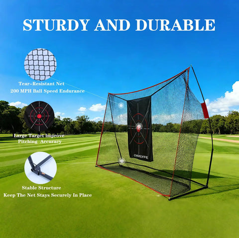 10x7ft Golf Net With Target Cloth And Dual Turf Mats set up on a grassy field, showing tear-resistant netting and target cloth features.