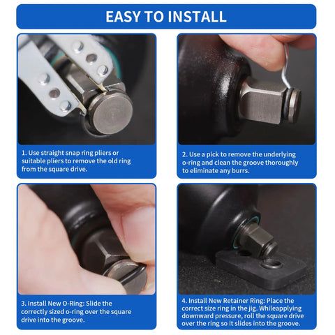 Installation guide for Heavy Duty Impact Retaining Ring Clip And O Ring Kit With Anvil Installation Tool For 1/2 And 3/8 Inch Impact Wrenches.