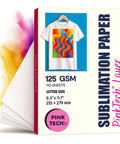 Box of PinkTech 125Gsm Sublimation Paper 8.5x11 with colorful T-shirt print on cover