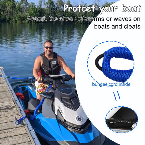 Man using PWC tied with 4 Pack Boat Bungee Dock Lines 4 To 5 Point 5 Ft With Loop Elastic Mooring Ropes at a dock