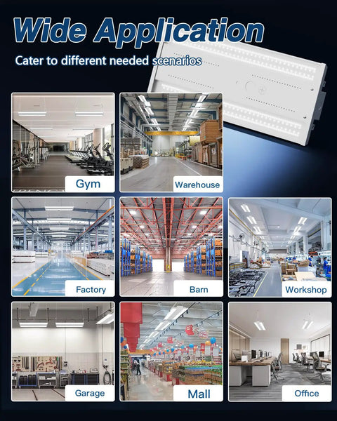 Bright As Day 210W LED Linear High Bay Shop Lights Four Pack for various applications including gym, warehouse, and office