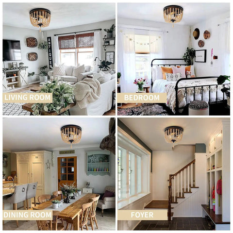 Farmhouse Wood Beaded 3 Light Flush Mount Ceiling Light seen in living room, bedroom, dining room, foyer with black finish and gold edge