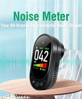 Plug In 3 In 1 Decibel Meter With Temperature And Humidity Reader, black wall plug noise meter on table in a living room