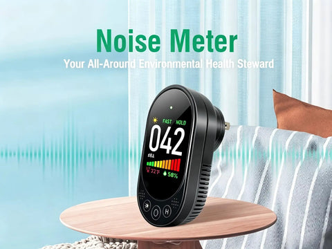 Plug In 3 In 1 Decibel Meter With Temperature And Humidity Reader, black wall plug noise meter on table in a living room