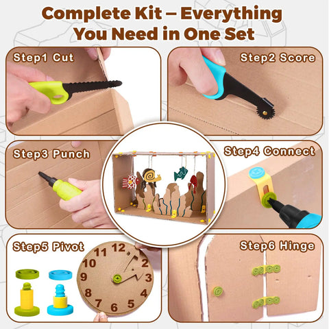 Kids Cardboard Construction Tool Set With Safe Kid Friendly Hands On Drill And Tool Belt 258 Pieces STEM Building Kit showing cardboard cutting, scoring, punching, and hinge steps