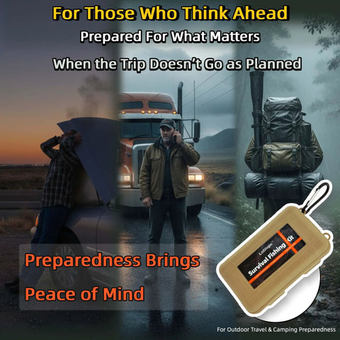 Images of travelers in emergencies with Pocket Survival Fishing Kit Emergency Tackle Box, emphasizing preparedness for trips.