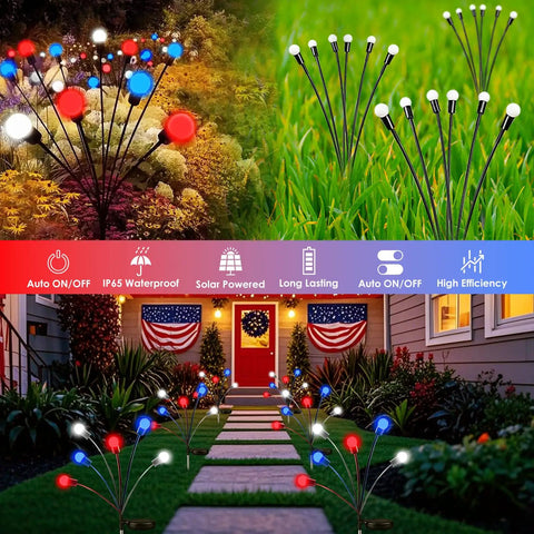 Solar Powered Patriotic American Flag Lights 4 Pack For Outdoor Garden Decor shown illuminating garden path in red, white, blue.