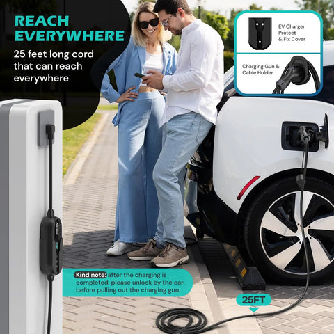 Couple charging EV with Level 2 EV Charger With WiFi App For Real Time Monitoring 32A 25Ft Cable ETL Certified 220 240V