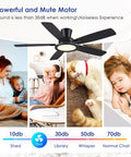 52 Inch Flush Mount Ceiling Fan In Matte Black With Rgb Lighting And Led 3Cct Dimmable Bulbs, Whisper Quiet Reversible Motor Creates Chill Airflow That Brings The Good Vibes Indoors Or On Covered Patios with images of quiet operation.