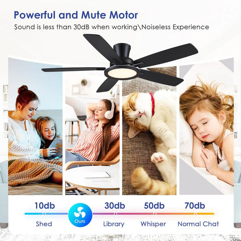 52 Inch Flush Mount Ceiling Fan In Matte Black With Rgb Lighting And Led 3Cct Dimmable Bulbs, Whisper Quiet Reversible Motor Creates Chill Airflow That Brings The Good Vibes Indoors Or On Covered Patios with images of quiet operation.