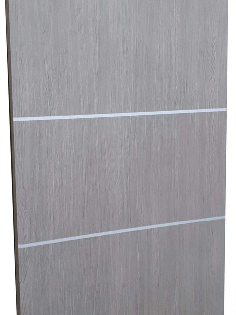 Close-up of Grey Oak Built To Last Double Barn Bypass Doors 84x96 With 6.6ft Heavy Duty Steel Rail Kit showing panel texture.