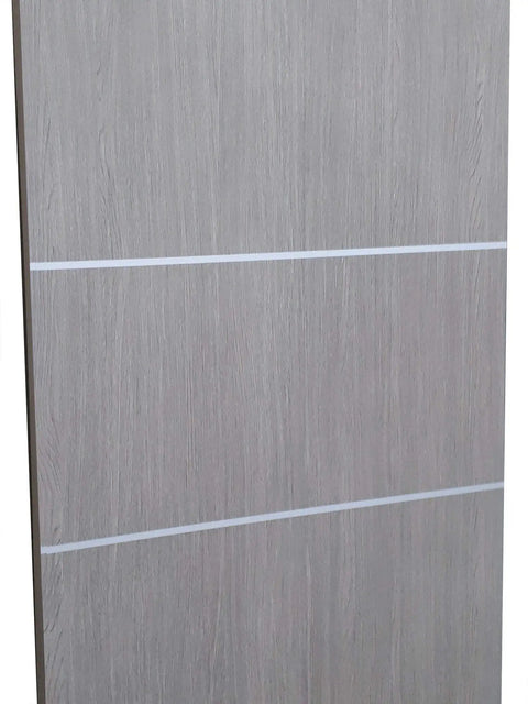 Premium Double Barn Door Sliding Hardware Set With Ridiculously Smooth Heavy Steel Track And Complete Floor Guide Kit For Chic Modern Spaces Today - Close-up of gray pine door with vertical wood grain and three white lines.
