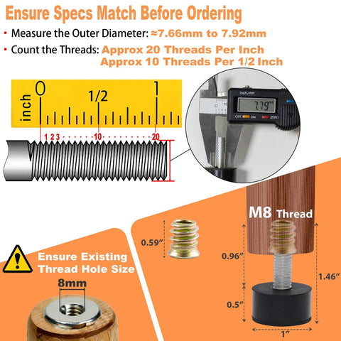 Measurement guide for 8 Pack Rubber Adjustable Furniture Leveler Feet For Tables And Chairs with M8 threaded screws.