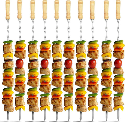 12 Pack 22 Inch Stainless Steel Kabob Skewers With Wide Reusable Nonslip Wooden Handles Heavy Duty BBQ Skewers For Shish Kebabs