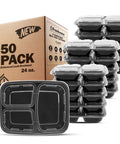 Grab And Go Meal Prep Containers 50 Pack With 3 Compartments 24 Oz Each Bento Boxes BPA Free Stackable Lids Microwave Dishwasher Freezer Safe